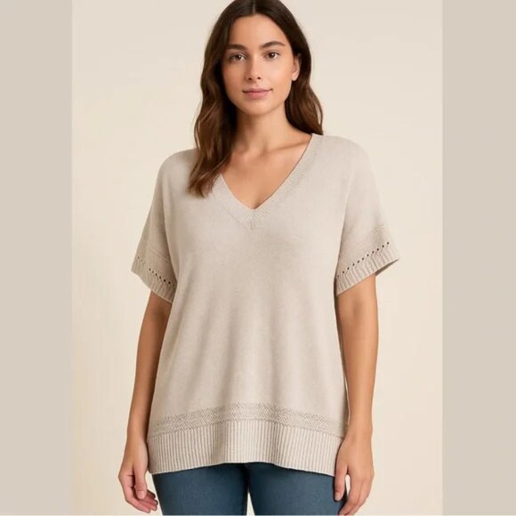 JOIE Women's Beige V-neck Short Dolman Sleeve Oversized Sweater S - Picture 1 of 6